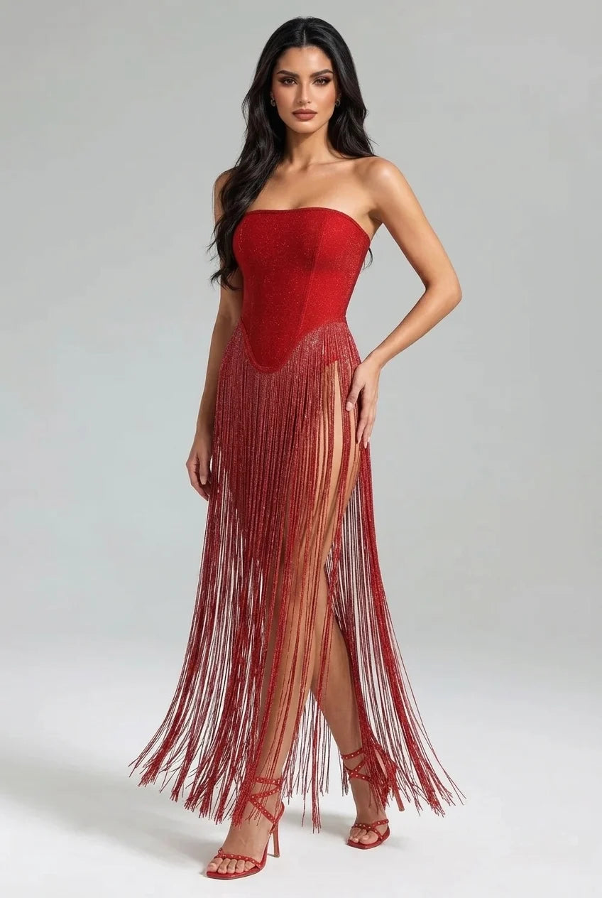 Red Strapless Bandeau Fringe Tassel Maxi Evening Dress