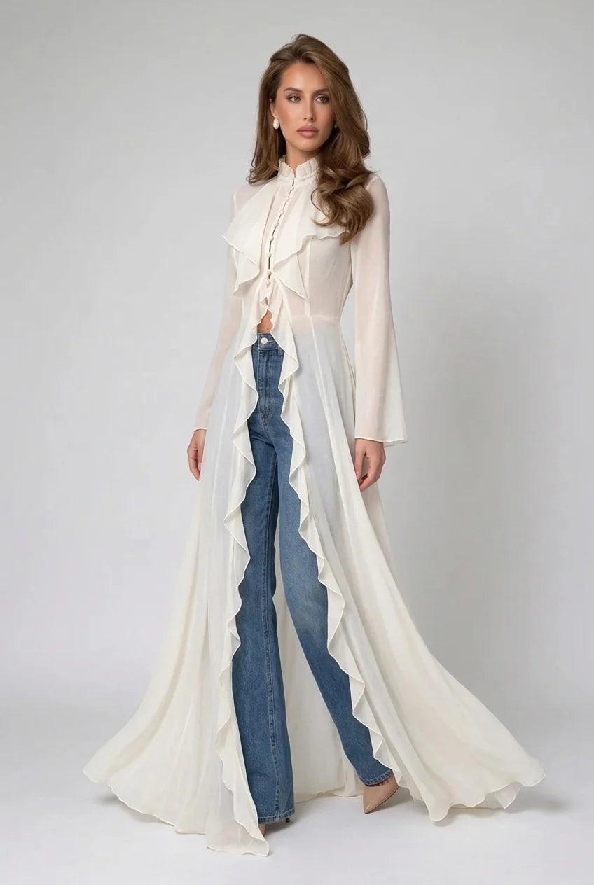 Ivory Ruffle Trim High Neck Sheer Chiffon Maxi Blouse Duster Top