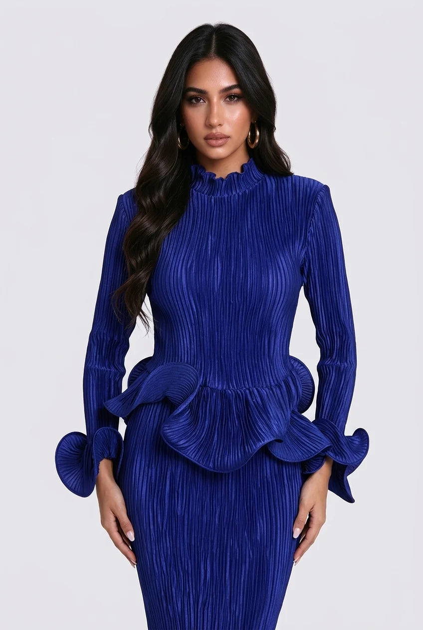Pleated Peplum Top and Ruffled Midi Skirt Two-Piece Set