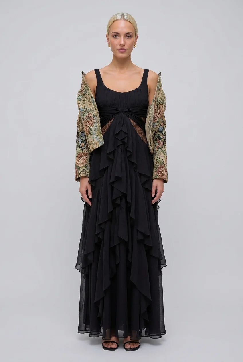 Vintage Brocade Cropped Jacket and Ruffle Maxi Dress Two Piece Set