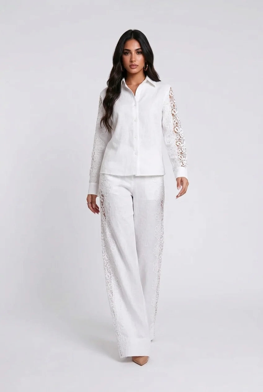 White Lace Panel Long Sleeve Shirt and Wide Leg Pants Two Piece Set