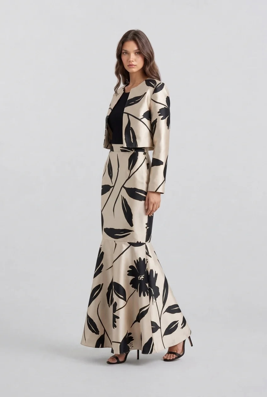 Ensemble deux pièces avec veste courte à imprimé floral et jupe sirène taille haute
