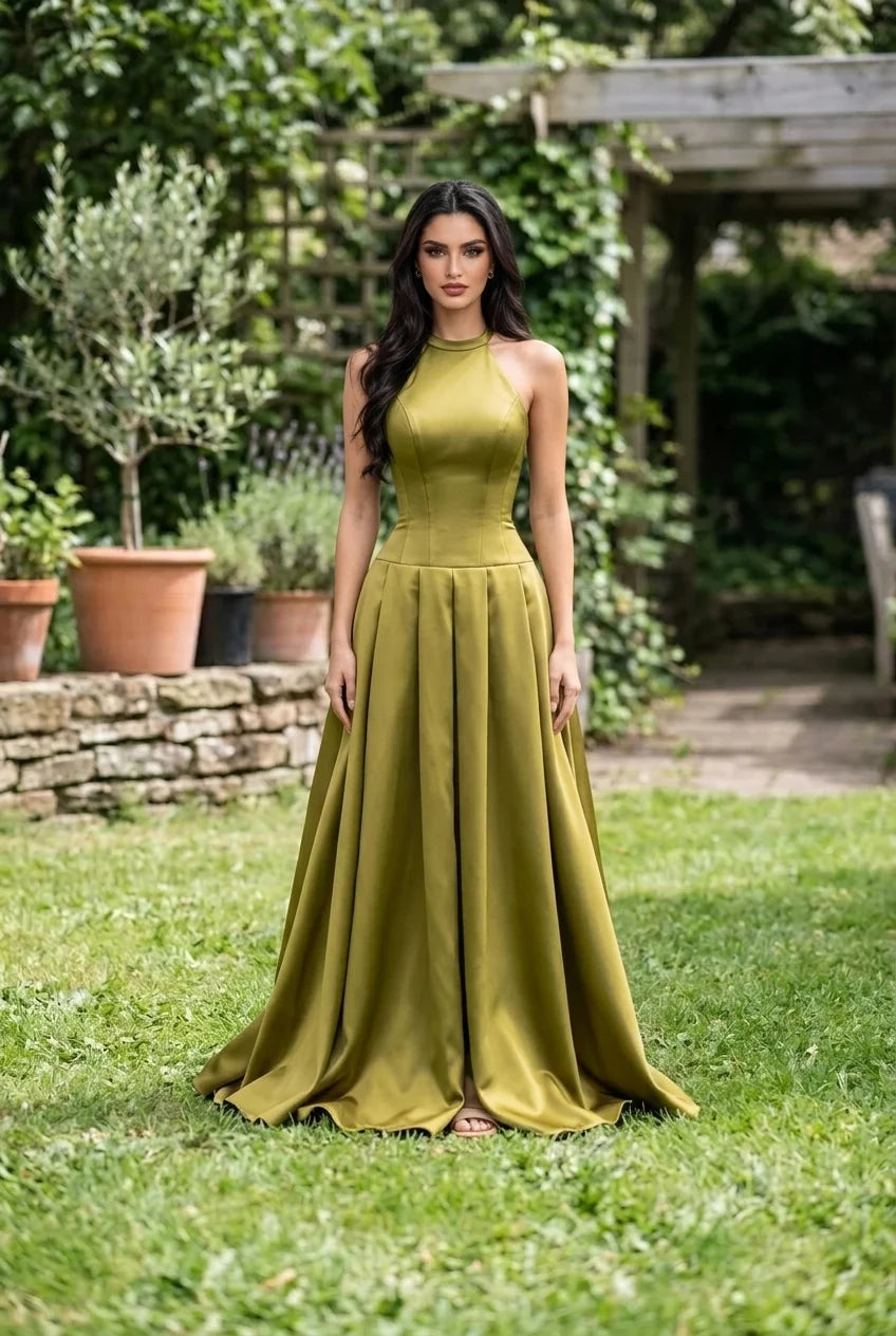 Abito da sera maxi formale in raso verde oliva, con collo all'americana, vita scesa e pieghe