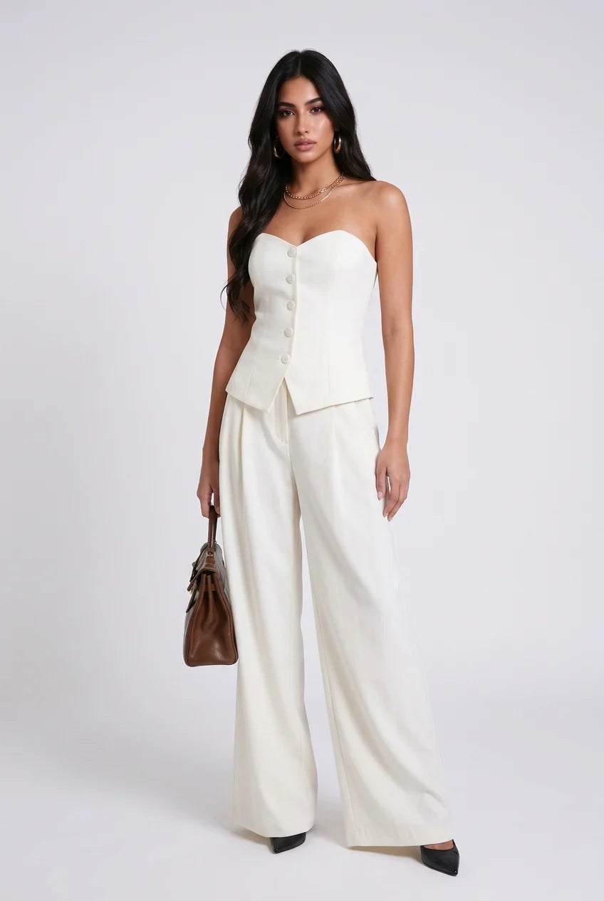 White Strapless Button Front Vest and Pleated Wide Leg Pants Two Piece Set