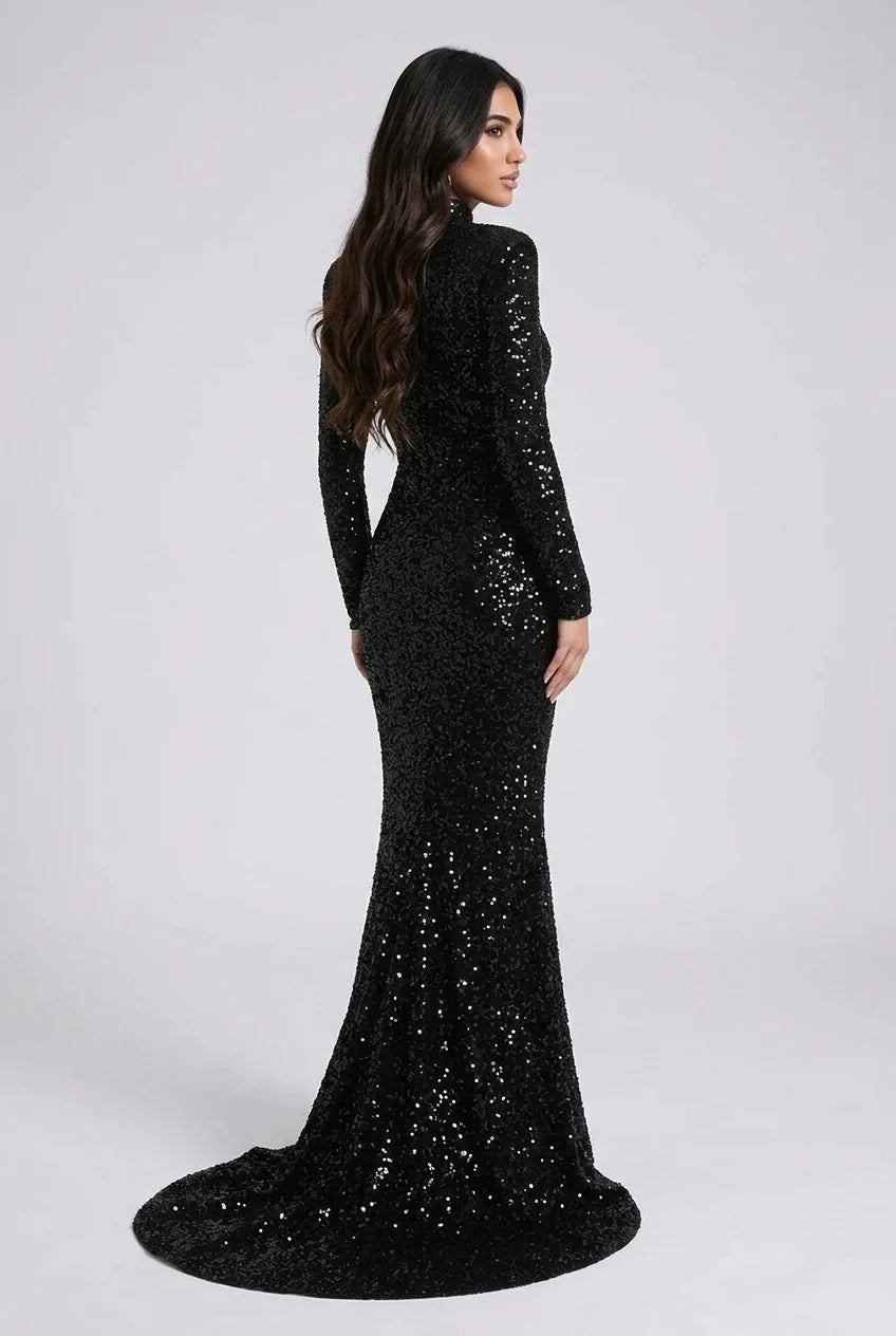 Black Sequin High Neck Long Sleeve Mermaid Maxi Evening Dress