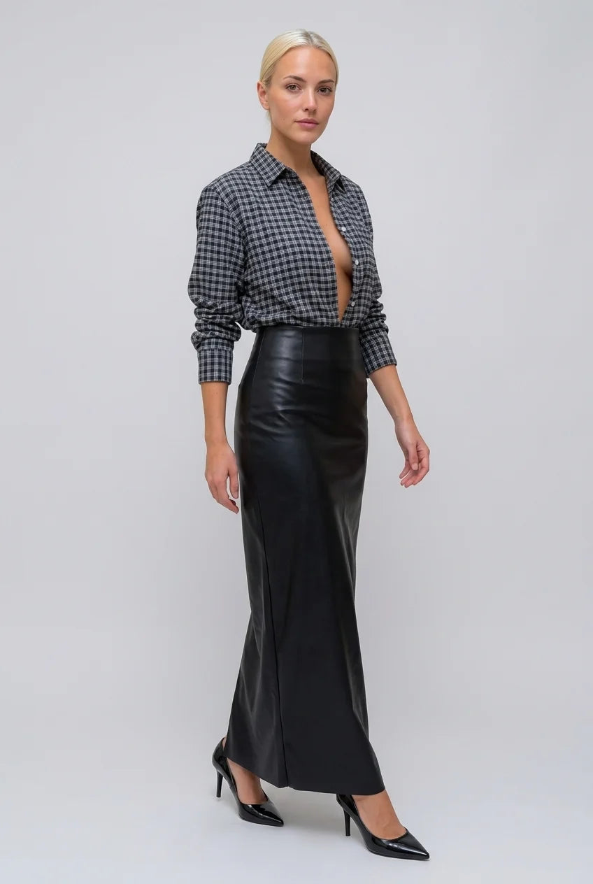 Plaid Long Sleeve Button-Down Shirt and Black Faux Leather Maxi Skirt Two Piece Set