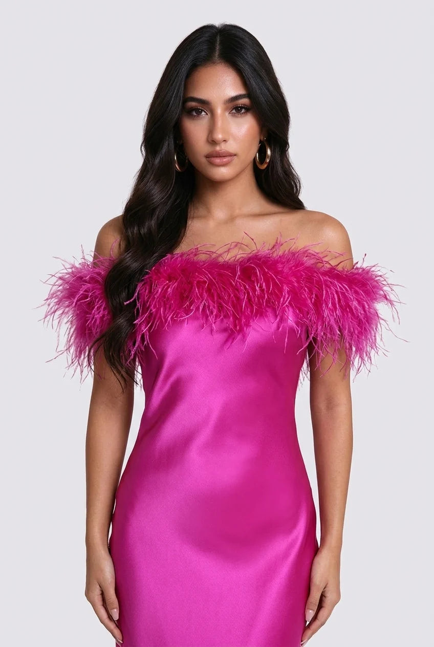 Feather Trim Off-the-Shoulder Satin Column Maxi Dress