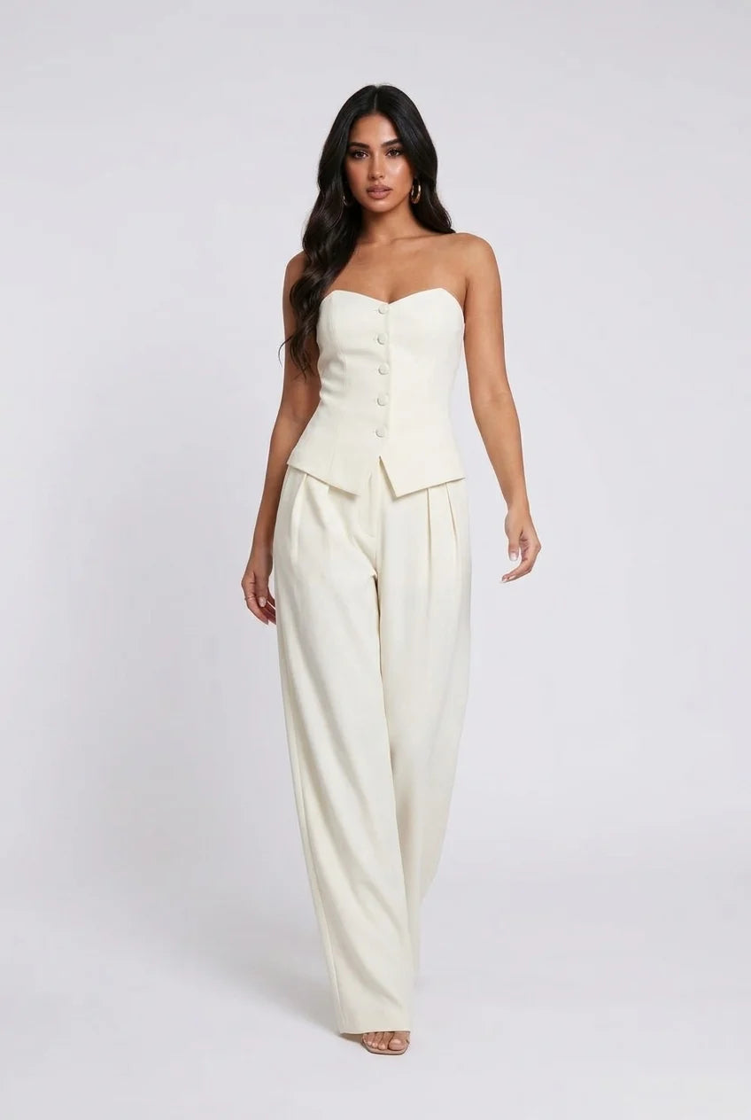 White Strapless Button Front Vest and Pleated Wide Leg Pants Two Piece Set
