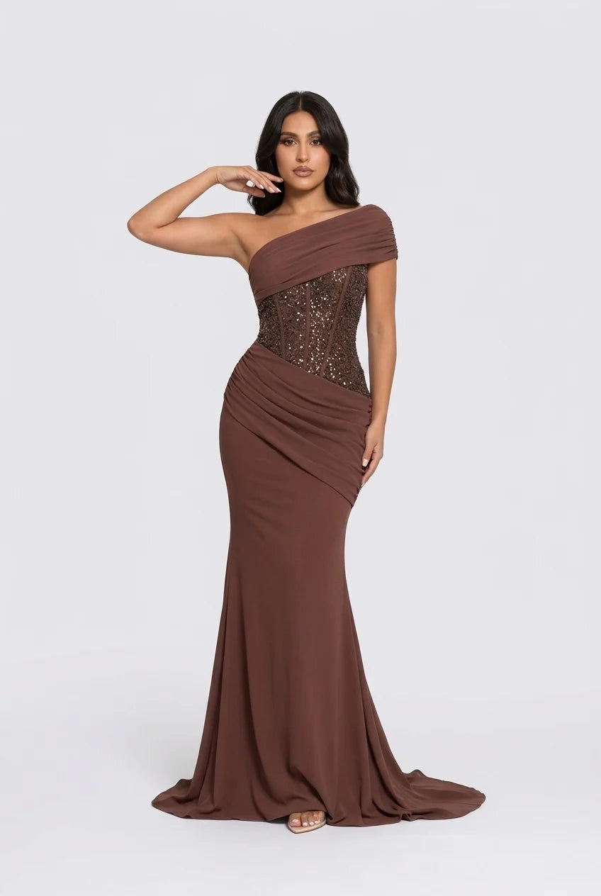 Brown One Shoulder Sequin Corset Draped Mermaid Maxi Evening Gown