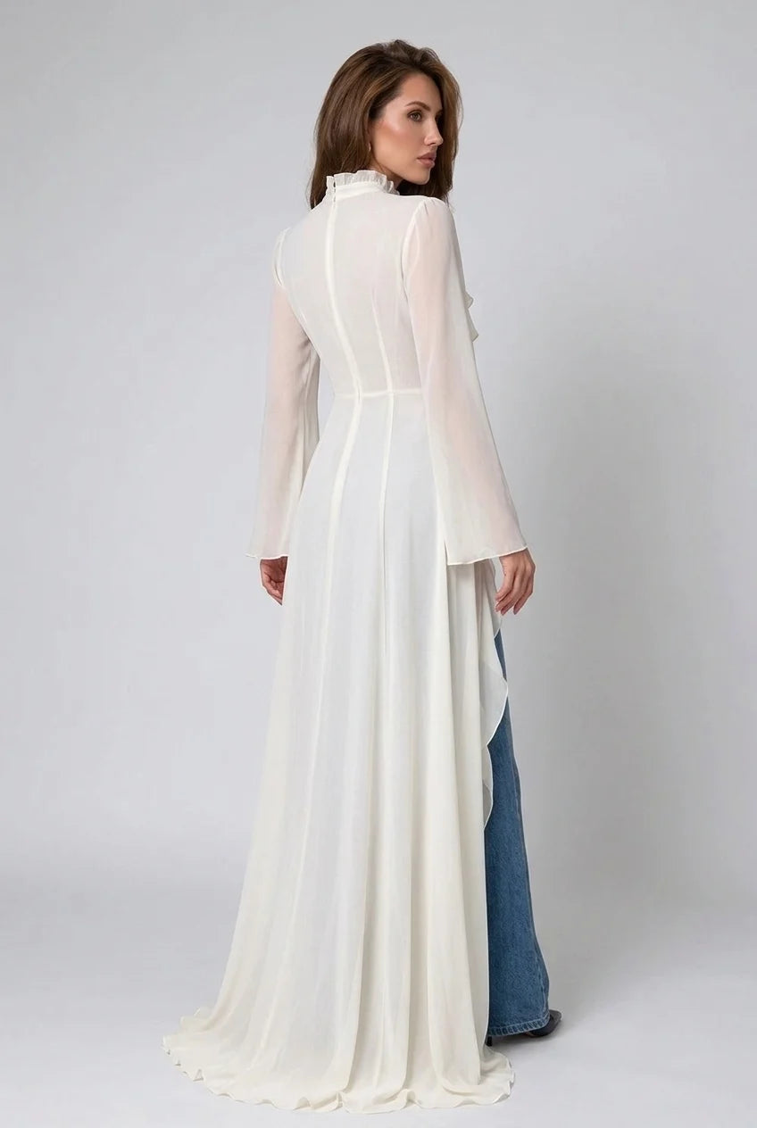 Ivory Ruffle Trim High Neck Sheer Chiffon Maxi Blouse Duster Top