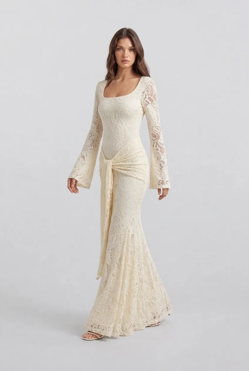 Butter Yellow Floral Lace Long Sleeve Maxi Dress with Draped Waist Sash