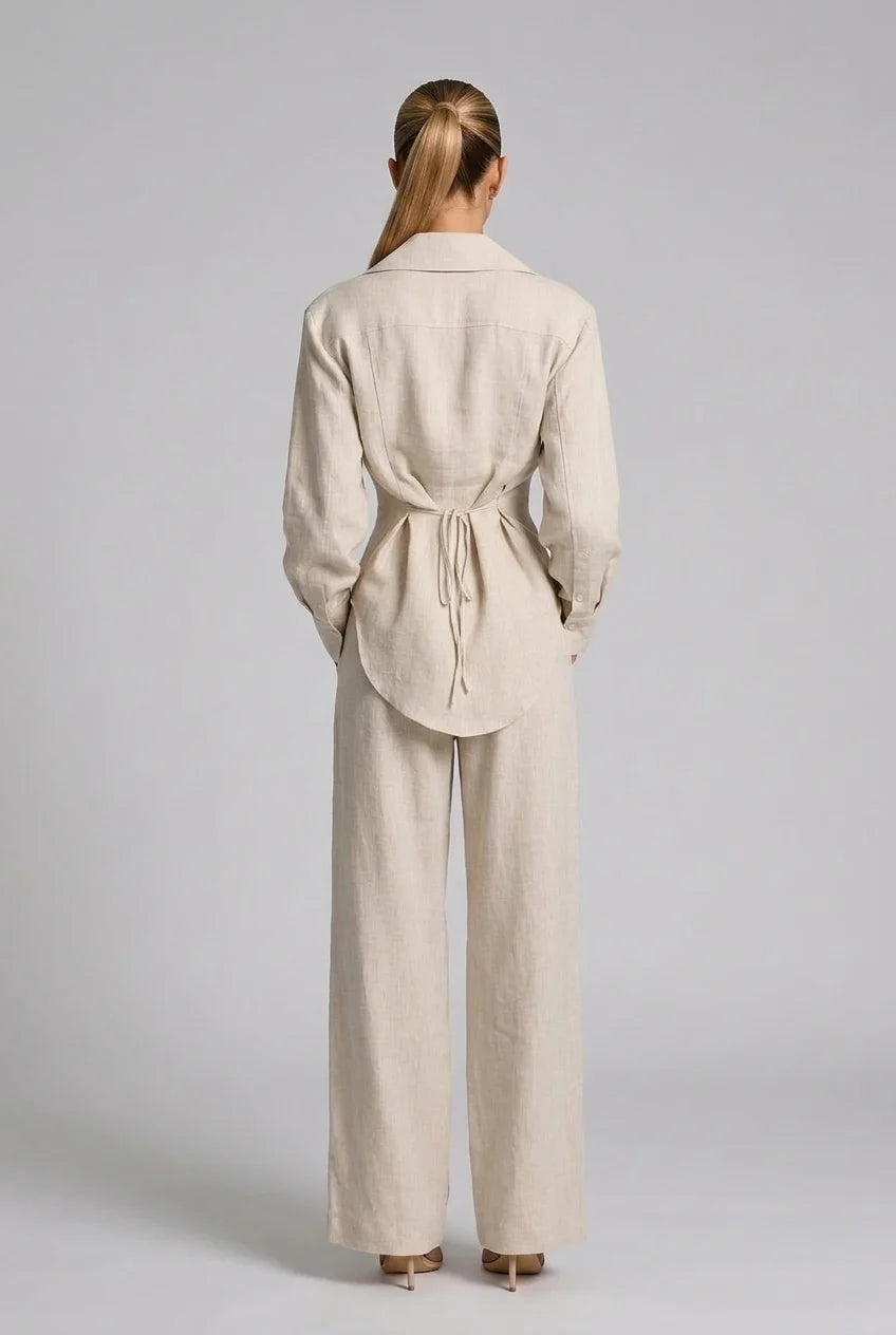 Long Sleeve Button Down Shirt and Wide Leg Pants Two Piece Set