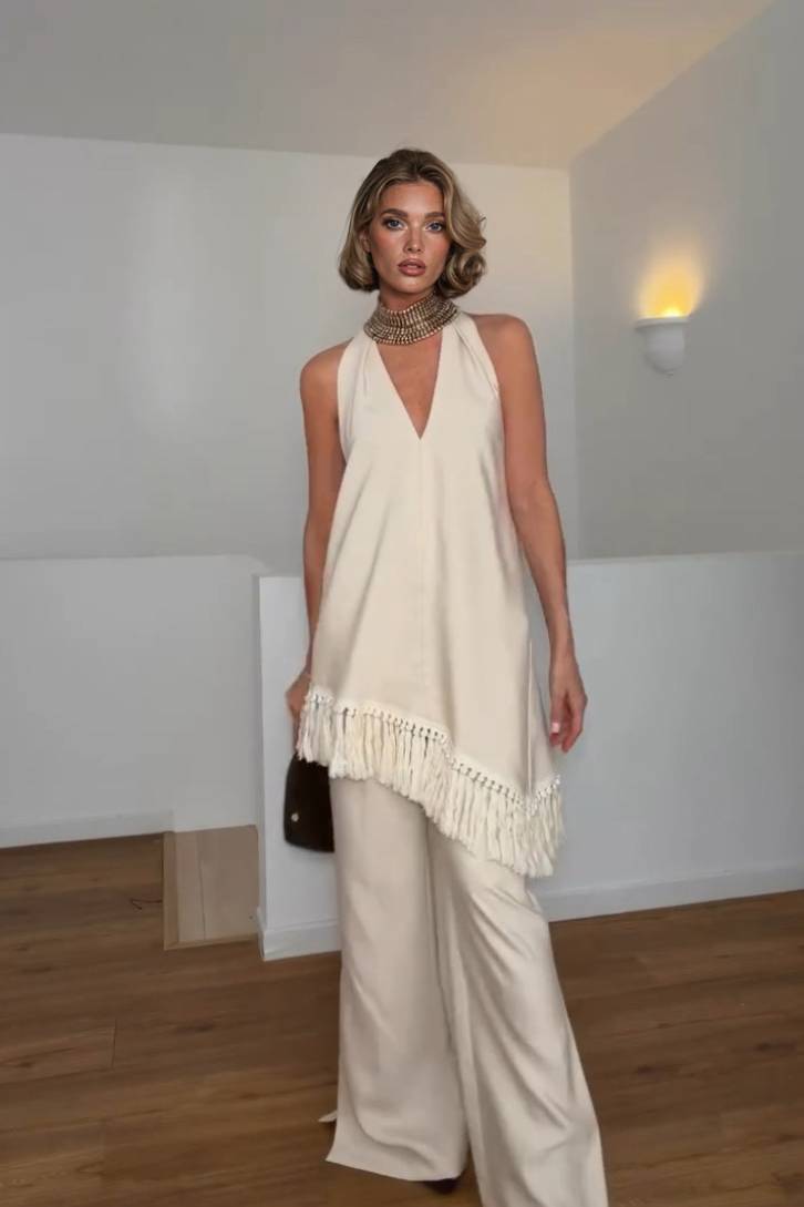 Set aus Fransentop mit Neckholder und Hose mit weitem Bein
