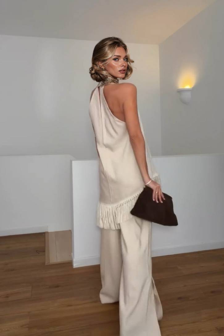 Set aus Fransentop mit Neckholder und Hose mit weitem Bein