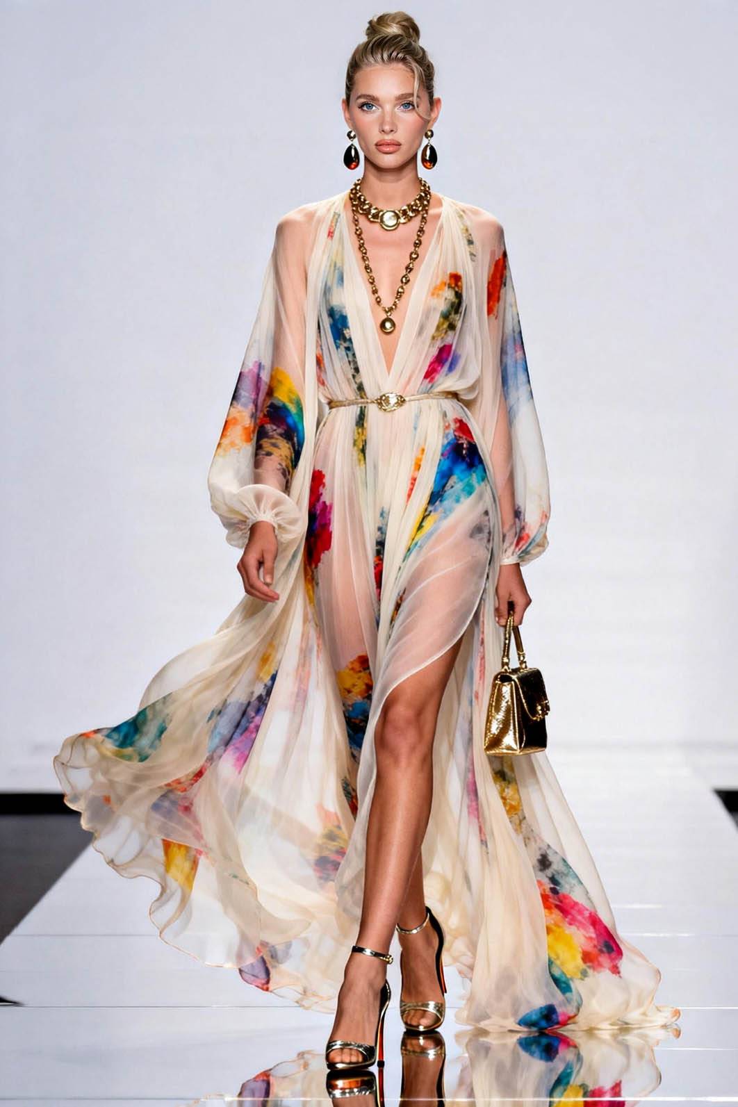 Deep V-Neck Puff Sleeve Printed Maxi Dress