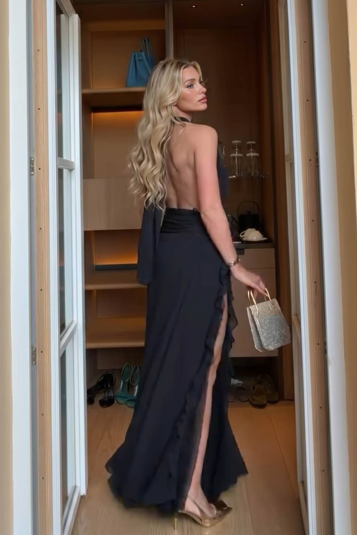 Maxikleid mit Rüschen, Spitze, tiefem V-Ausschnitt und Schlitz
