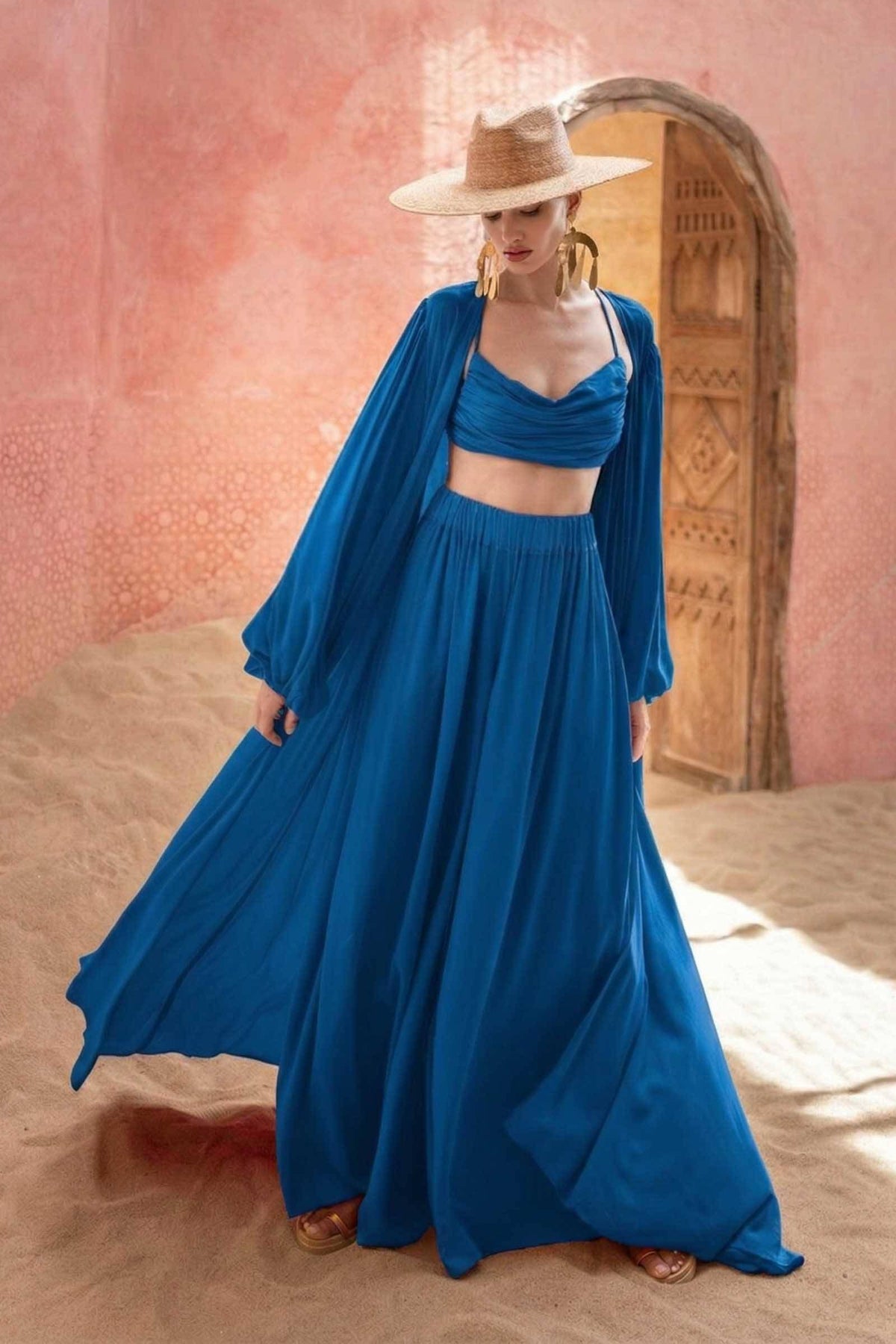Sling Top And Wide-leg Pants and Jacket Three-piece Set
