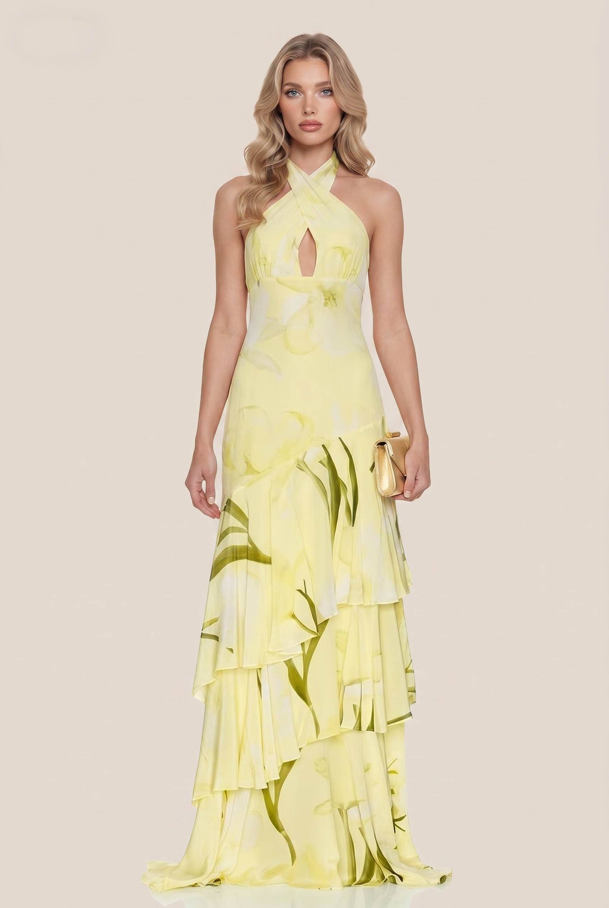 Vestido largo estampado con cuello halter