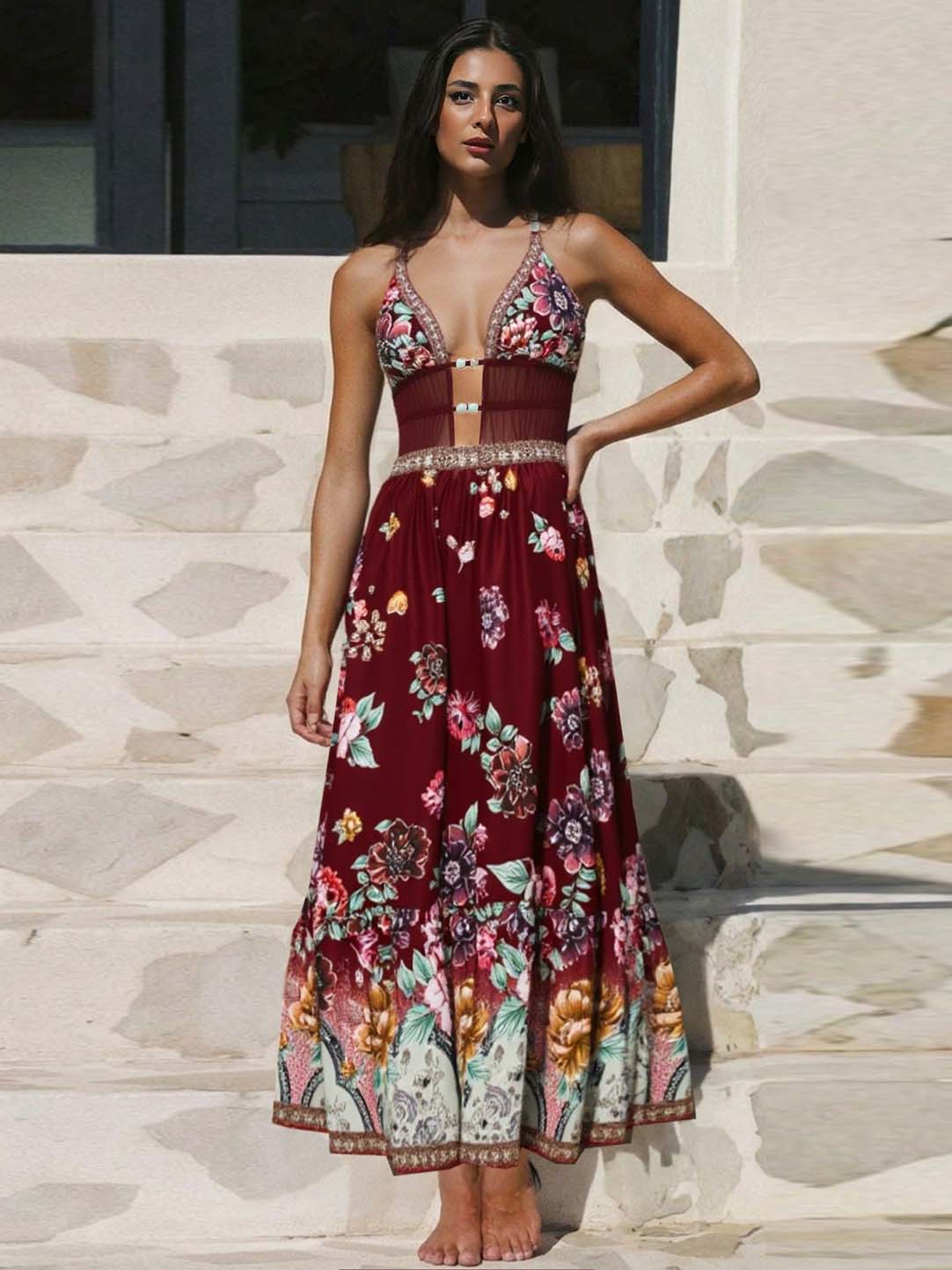 Maillot de bain une pièce en maille et dentelle florale, style bohème
