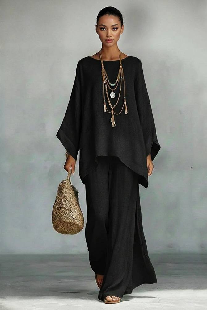 Completo con camicia ampia e pantaloni a gamba larga