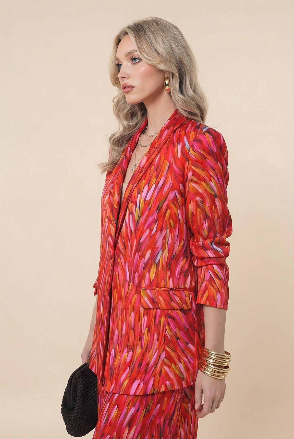 Einzigartiges Set aus bedrucktem Blazer und Hose mit weitem Bein