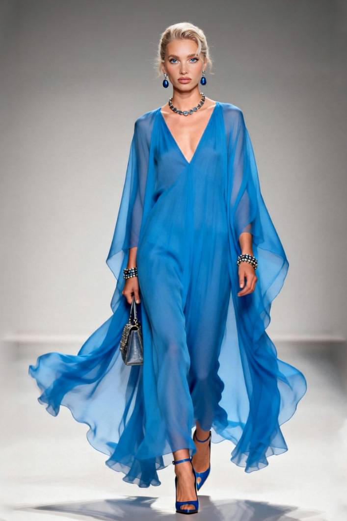 Abito lungo in chiffon con scollo a V