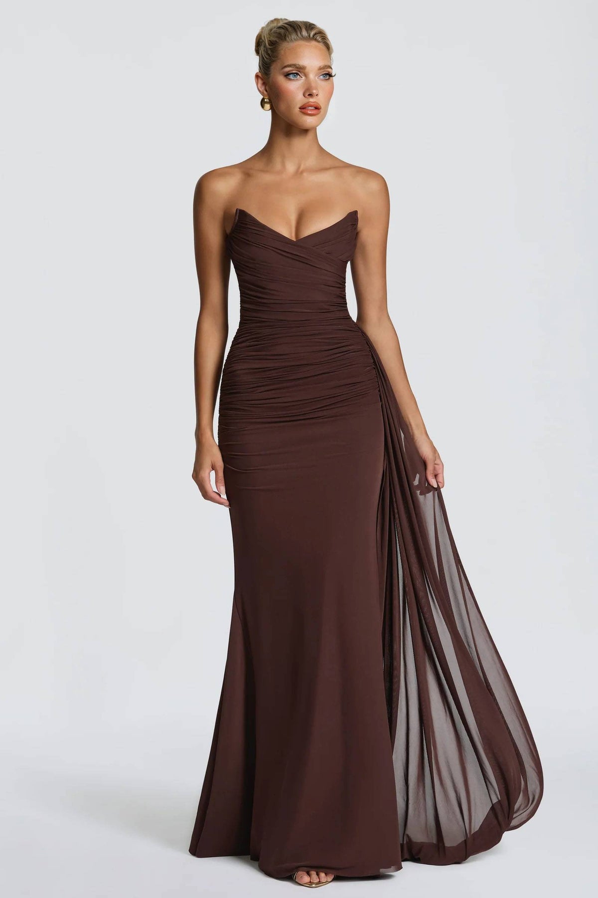 Strapless Pleated Ribbon Design Maxi Dress