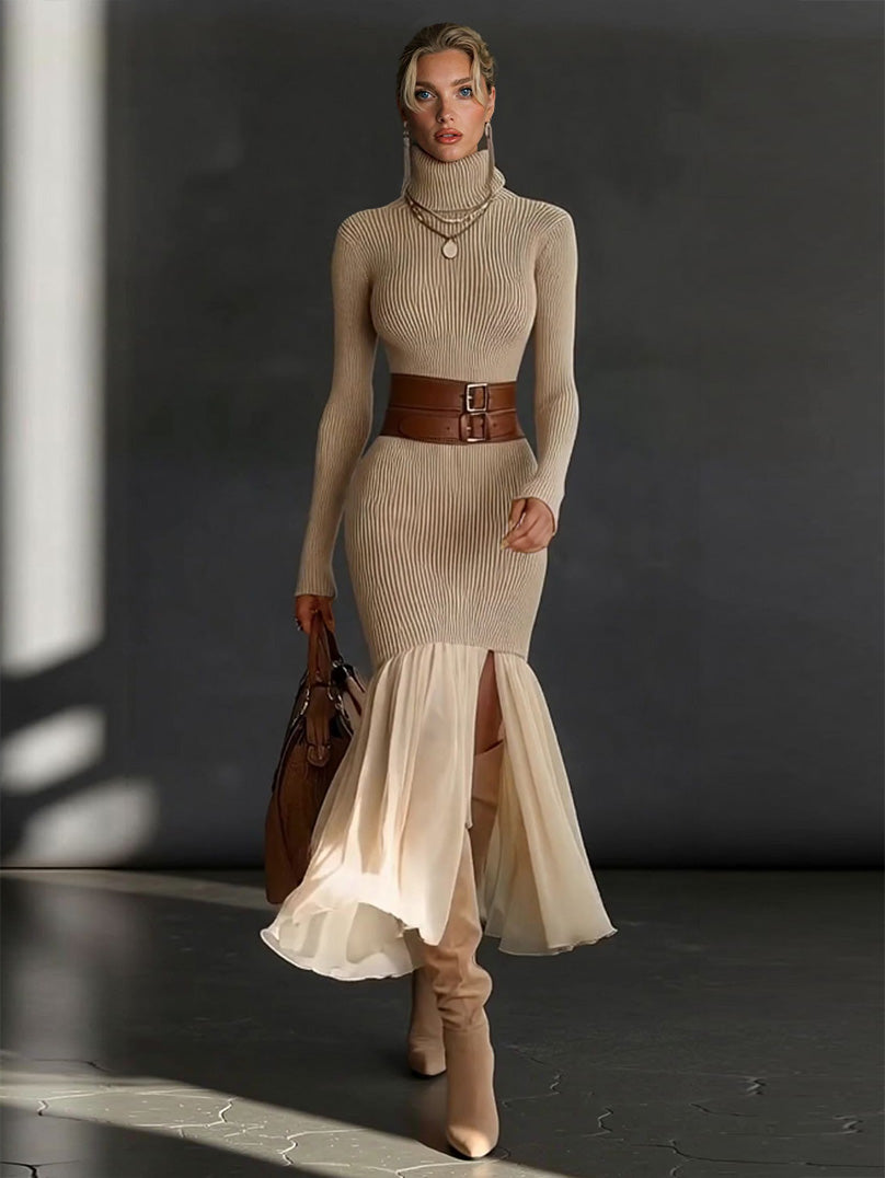 Elegant Asymmetrical Ruffled Knit Midi Dress
