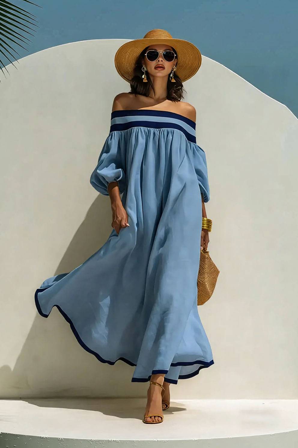 Kleid mit Farbkontrasten und lockerem Schnitt mit freien Schultern