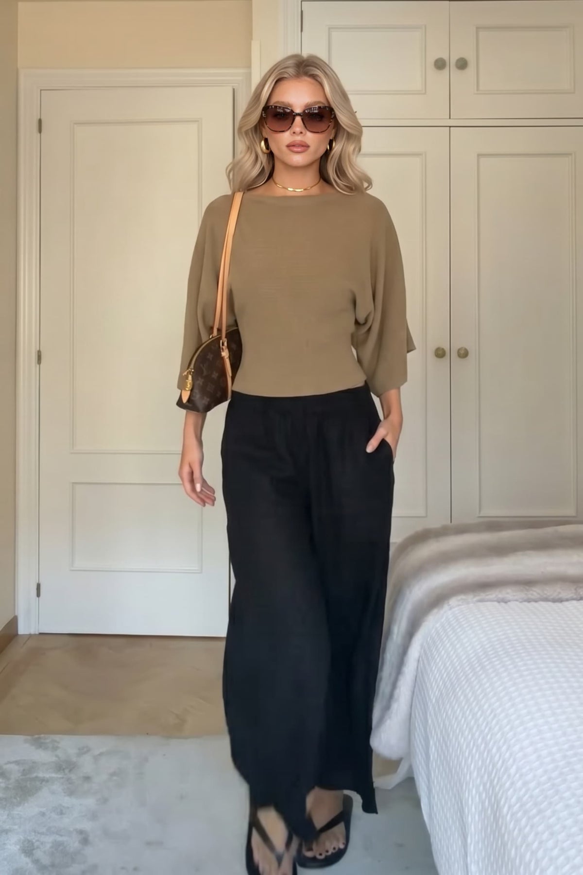 Set aus Oberteil mit Puffärmeln und Hose mit weitem Bein