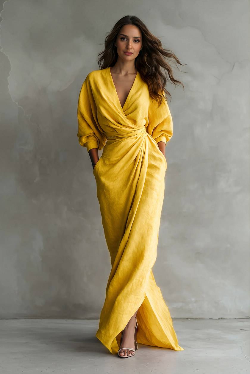 فستان ماكسي بأسلوب مناسب للعطلات، بياقة V ورباط