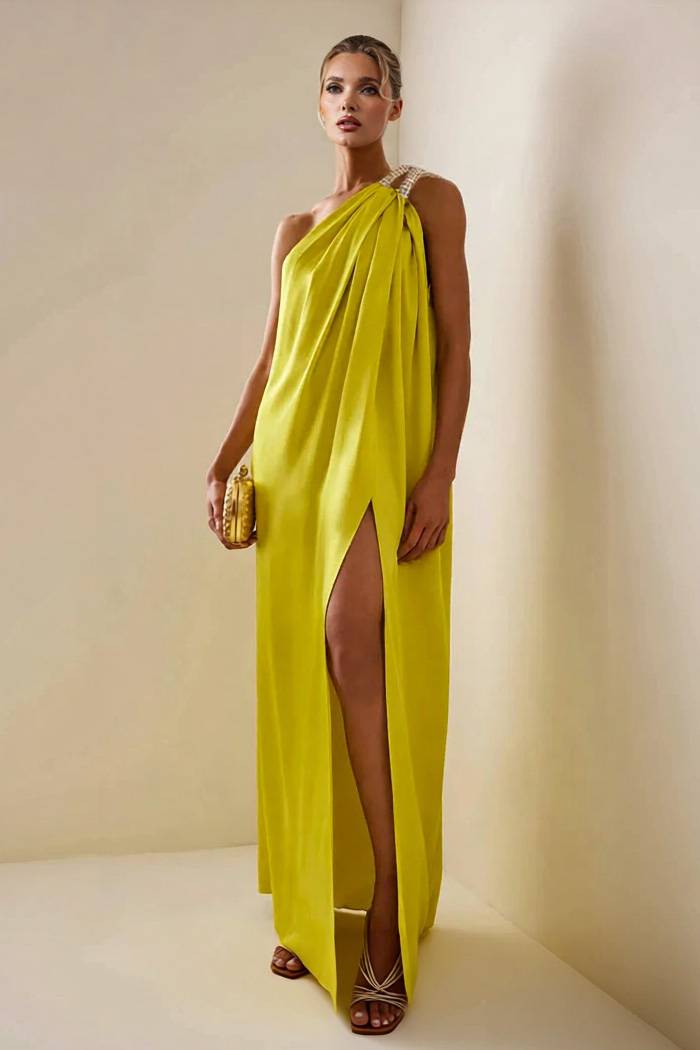 Asymmetrical-Neck Off-Shoulder A- Line Dress