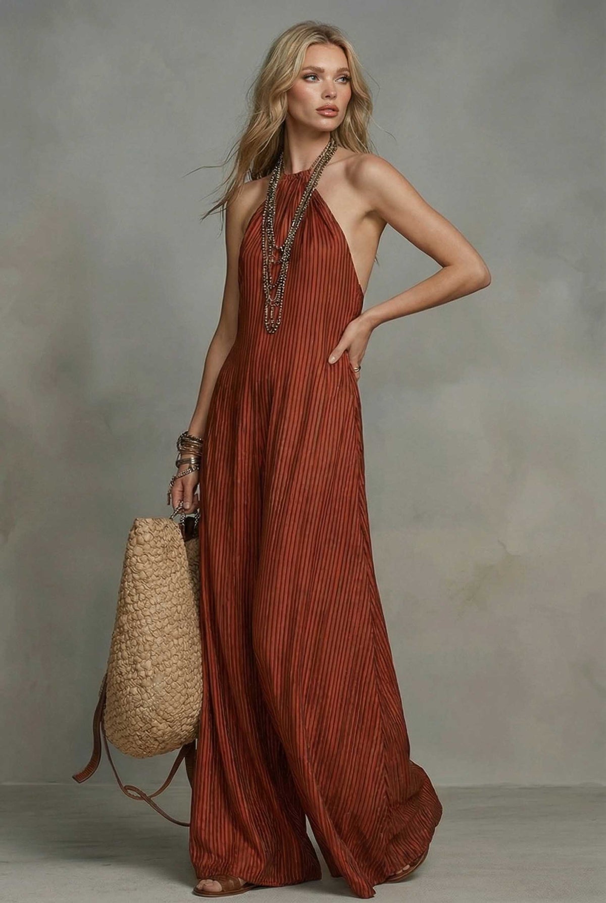 Gestreiftes Maxikleid mit Neckholder