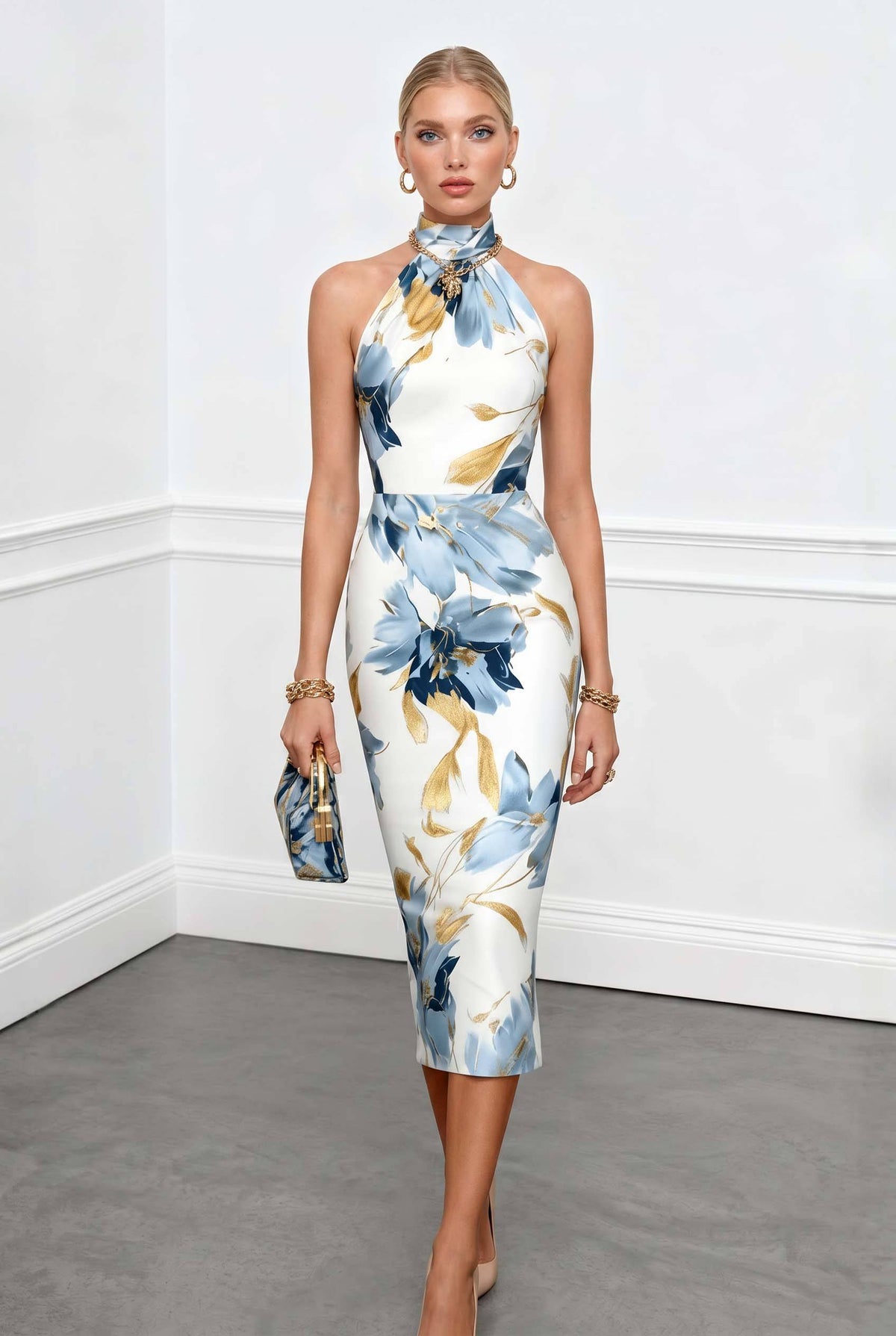 Midikleid mit hohem Kragen und Print