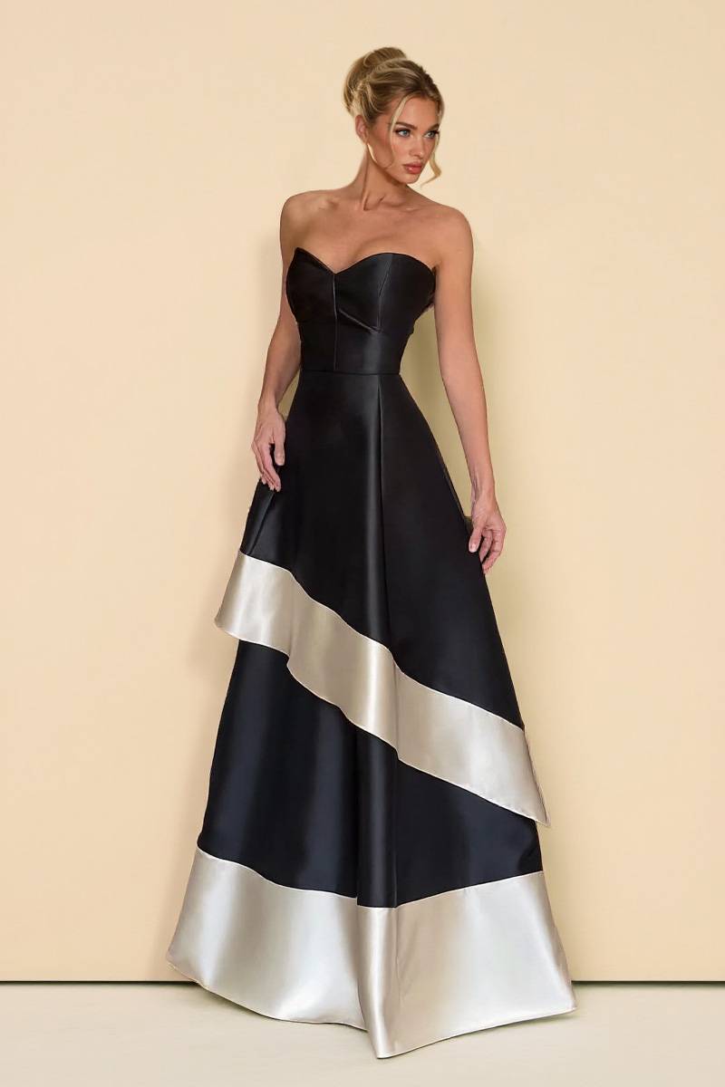 Robe longue bustier trapèze à taille haute et coloris contrastés