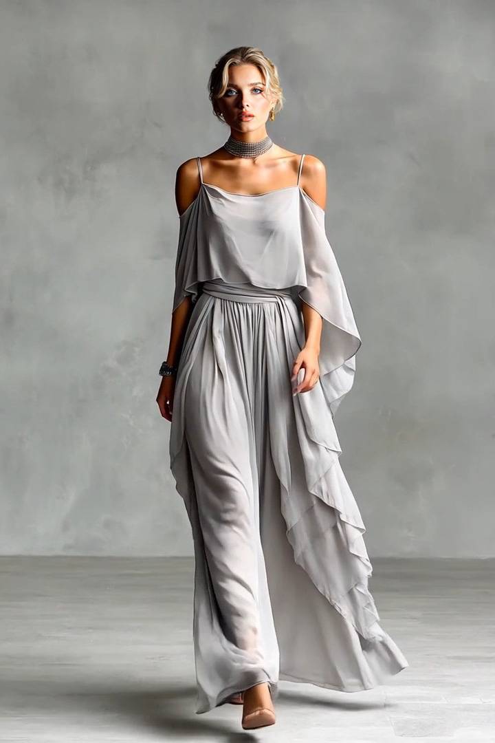 Vestido de alças com ombros descobertos e cintura subida