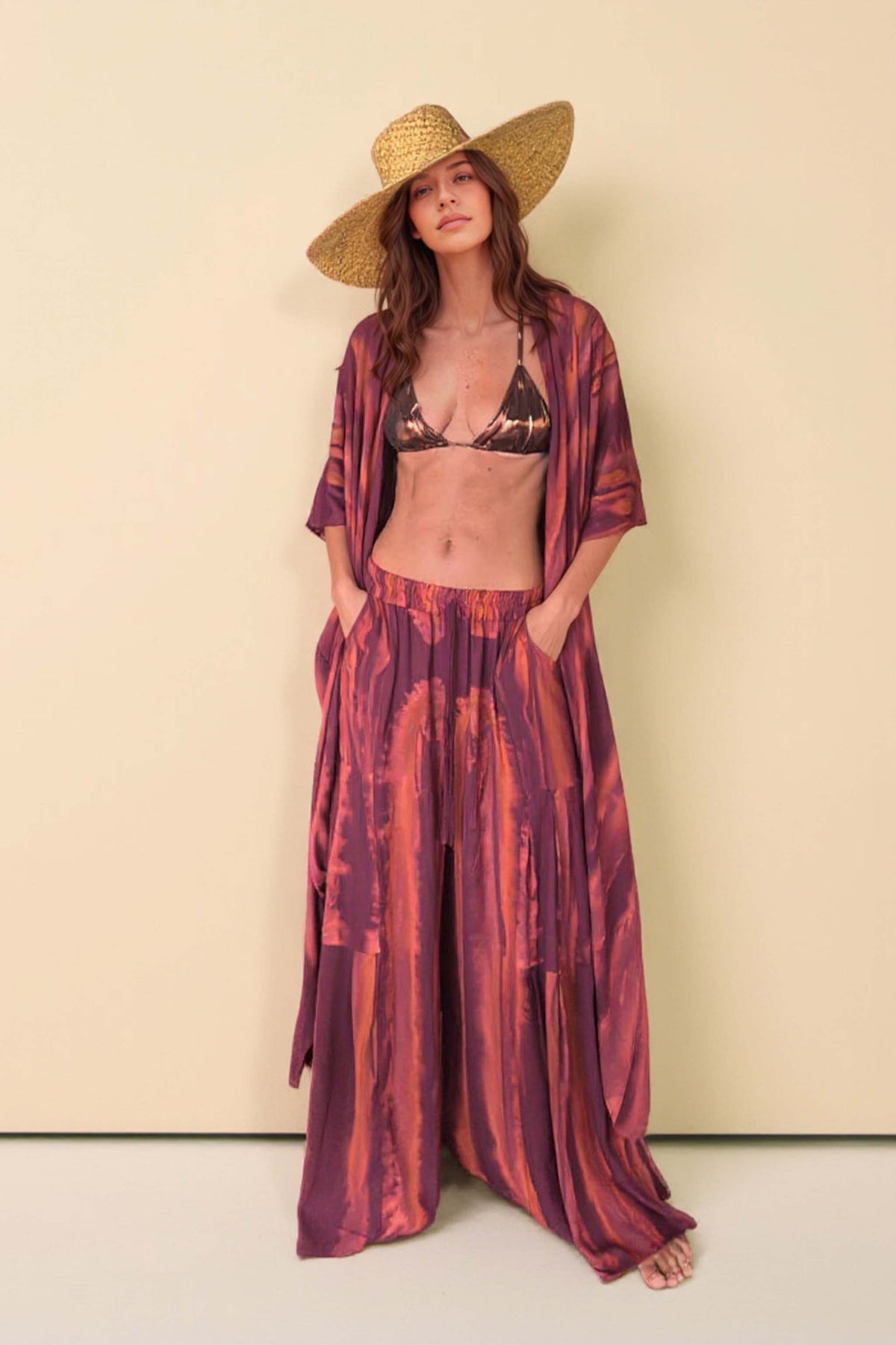 Printed Cardigan And Wide Leg Pants Set