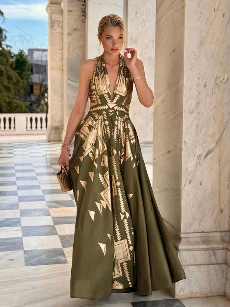 Elegantes Maxikleid mit Goldfolienprint und Cut-out an der Taille