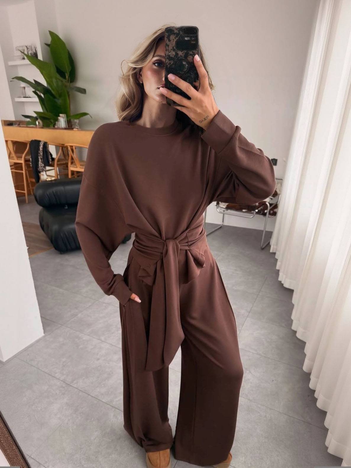 Lace-Up Design Pullover And Wide Leg Pants Suit