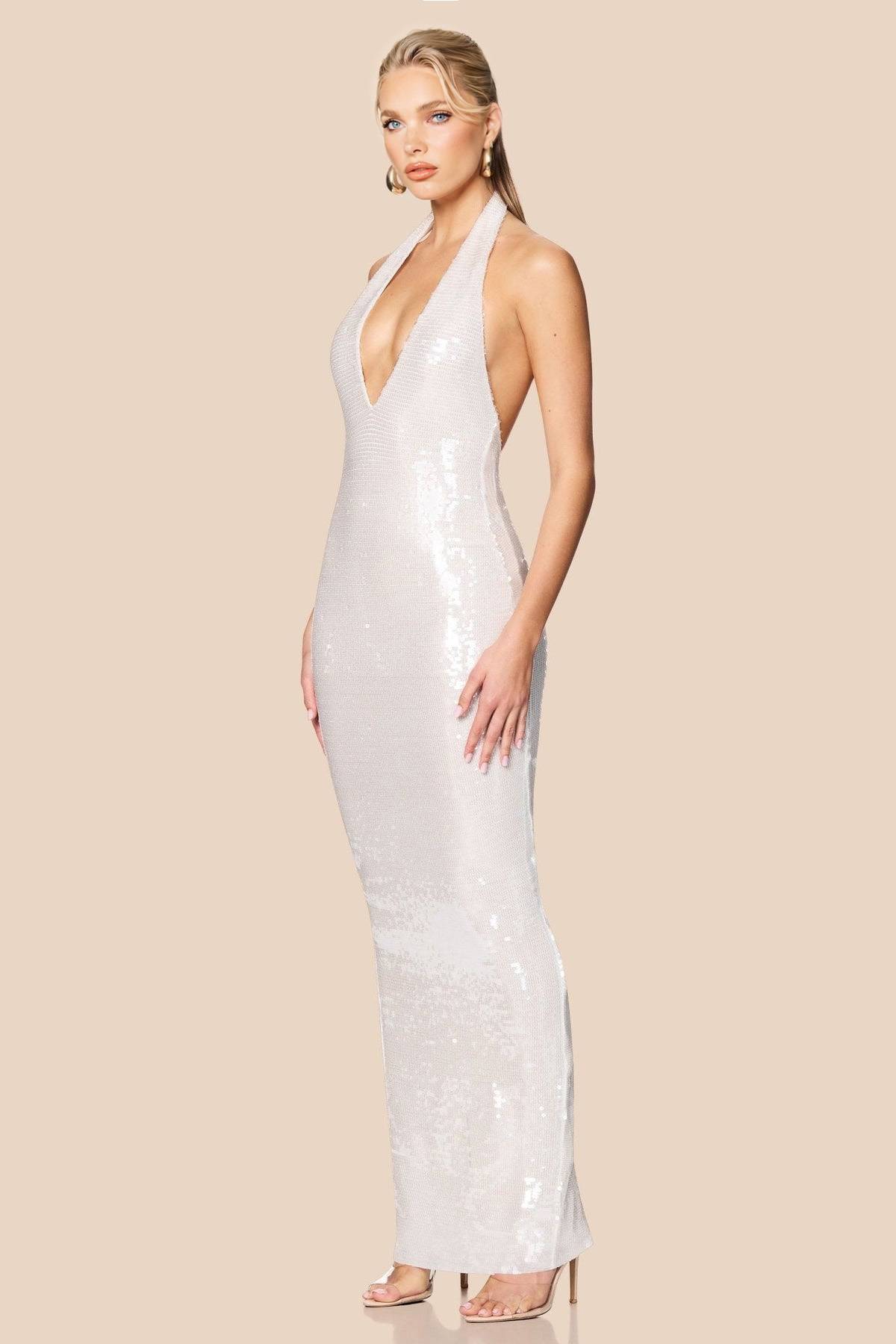 Vestido largo de lentejuelas con escote halter