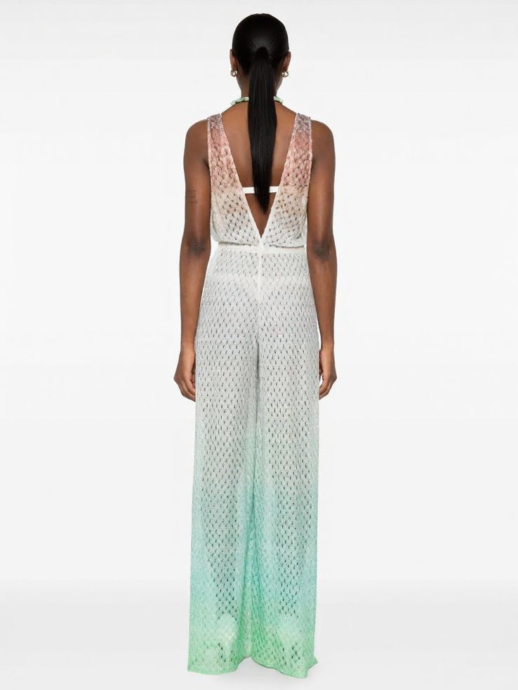 Eleganter gehäkelter Jumpsuit mit Farbverlauf, tiefem V-Ausschnitt und weitem Bein