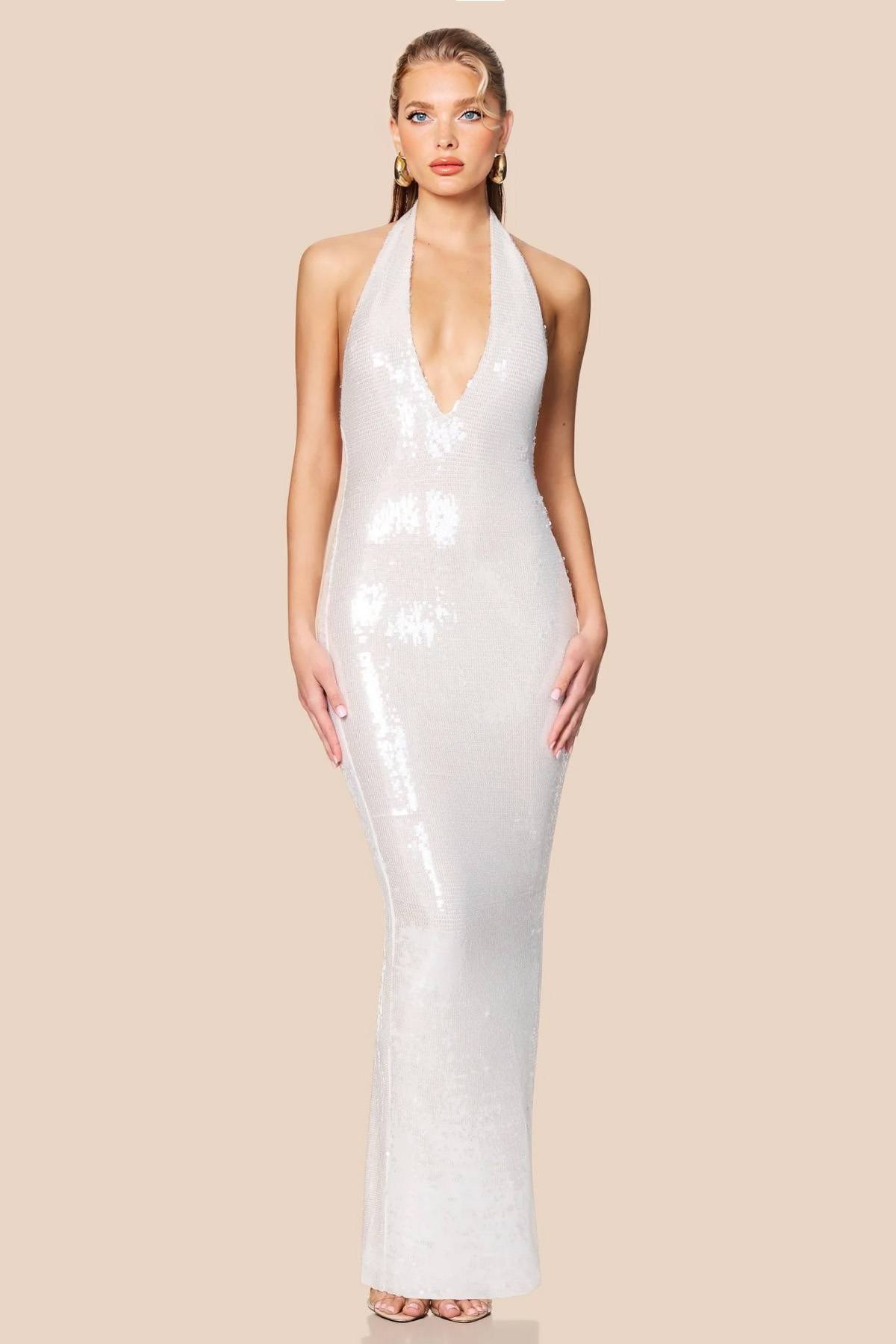 Vestido largo de lentejuelas con escote halter