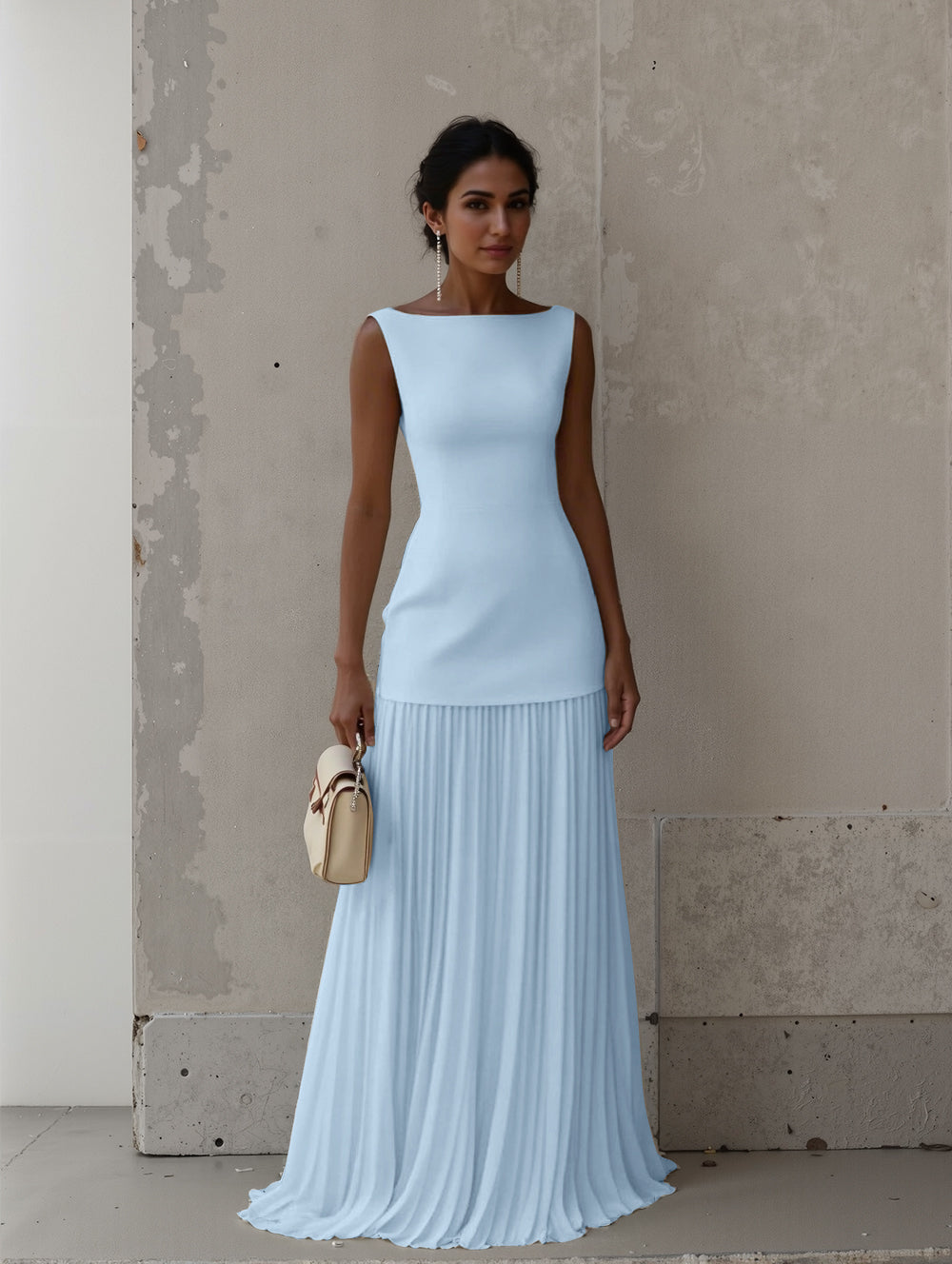 Robe longue élégante plissée à encolure bateau classique