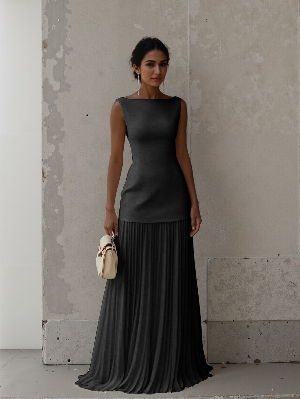 Robe longue élégante plissée à encolure bateau classique