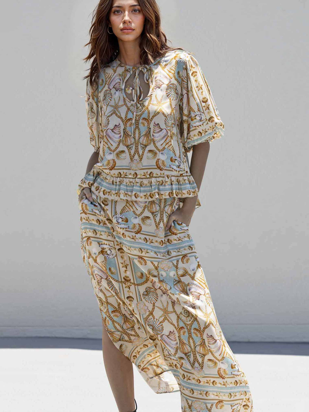 Exquisite Ocean Treasure Print Slit Skirt