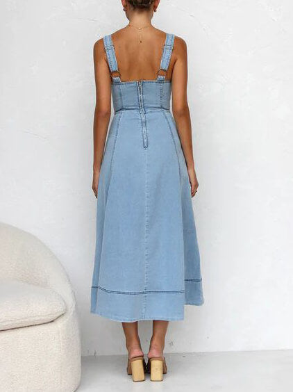 Vestido midi informal vaquero con tirantes y botones