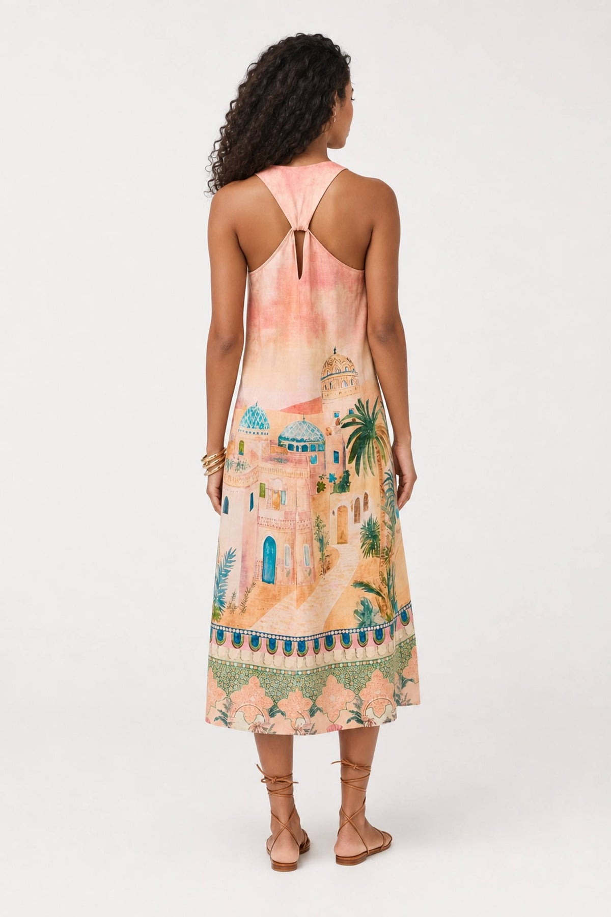 Ärmelloses Midi-Kleid mit V-Ausschnitt und architektonischem Palmenprint im Urlaubsstil