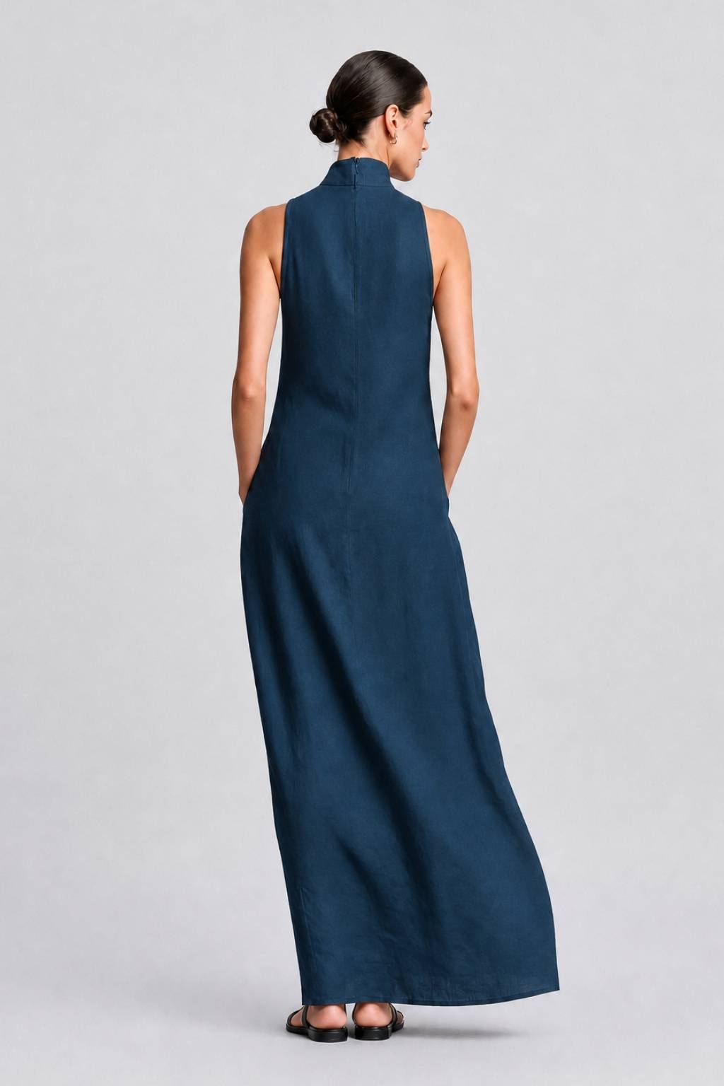 Abito lungo casual minimalista classico a collo alto, in misto lino
