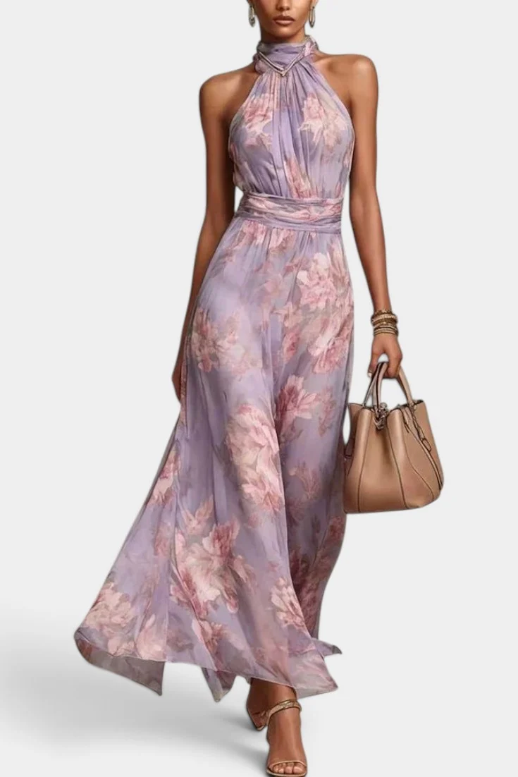 Elegant Halter Neck Floral Print Maxi Dress With Ruched Waist & Asymmetrical Hem
