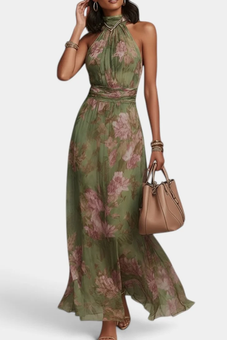 Elegant Halter Neck Floral Print Maxi Dress With Ruched Waist & Asymmetrical Hem